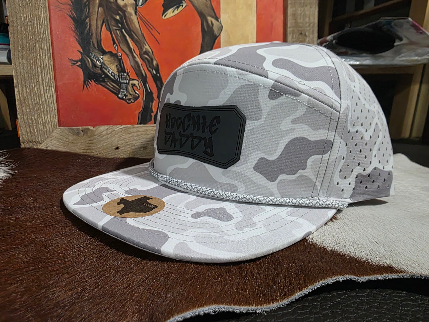 Hoochie Daddy patched 7 panel Snap back hat.