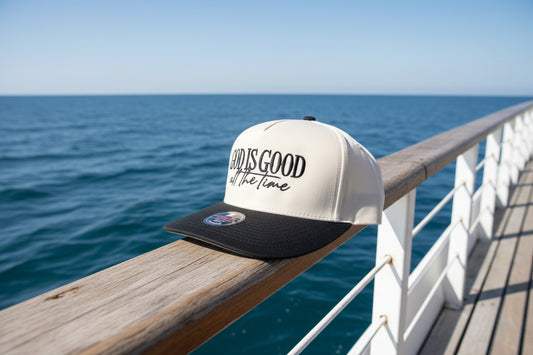 God is good all the time! 2 tone 5 panel Snapback cap.