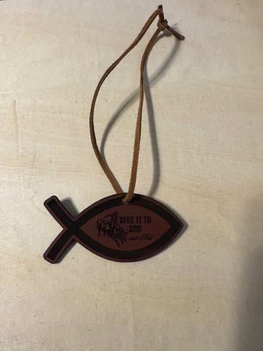 Give it to God and nod cowboy on bull rearview mirror charm