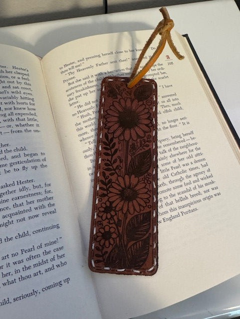 Leather sunflower bookmark hand stitched. Double sided