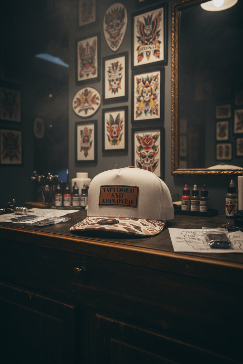 Tattooed and Employed Brown duck camo bill snap back hat.