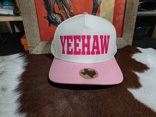 YEEHAW! Pink bill canvas top snap back hat.