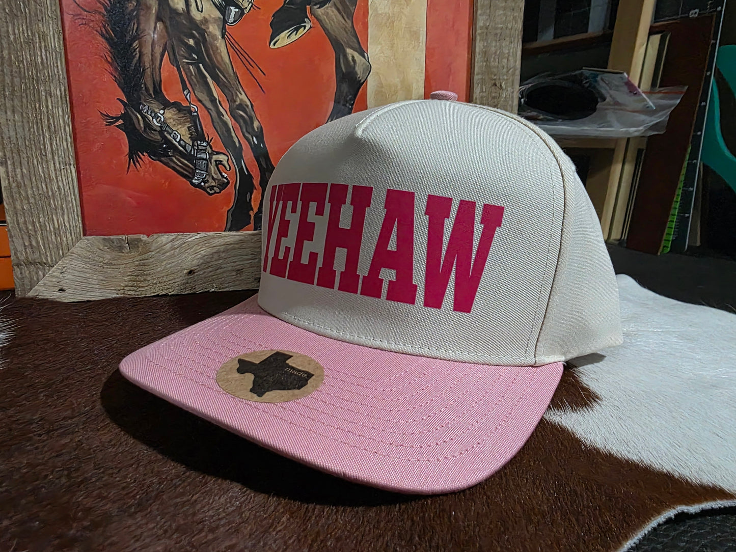 YEEHAW! Pink bill canvas top snap back hat.