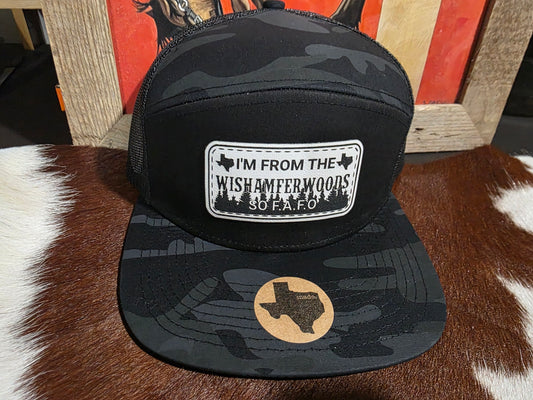 Wishamfer woods patched 7 panel in black camo.