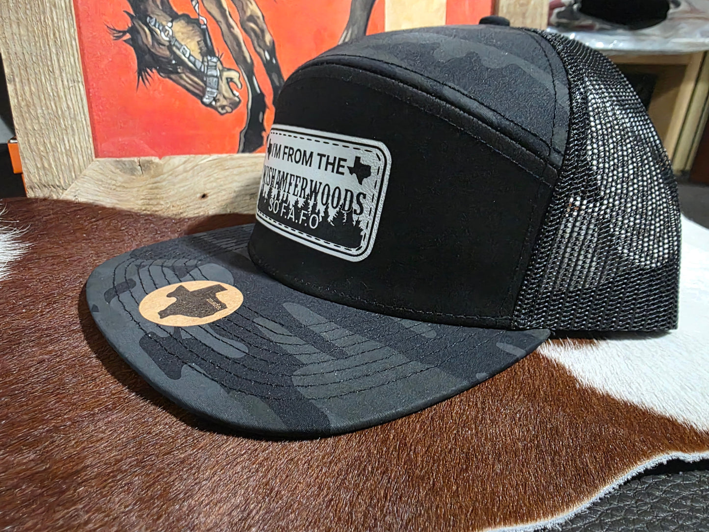 Wishamfer woods patched 7 panel in black camo.