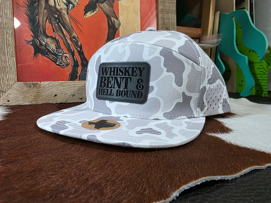 Whiskey bent patched 7 panel snap back hat in snow camo.