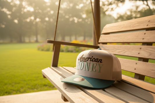 American Honey 5 panel 2 tone hat.