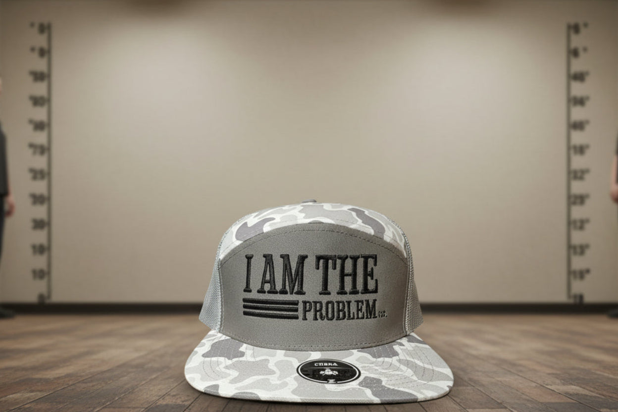 I AM THE PROBLEM! Embroidered 2 tone white camo hat.