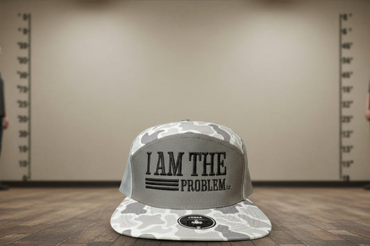 I AM THE PROBLEM! Embroidered 2 tone white camo hat.