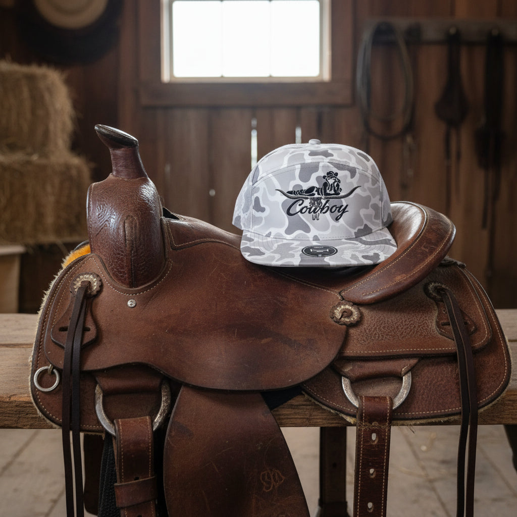Cowboy embroidered design on a snow camo 7 panel, performance hat.