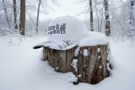 Blame it all on my roots, snow camo 2 tone 5 panel hat.
