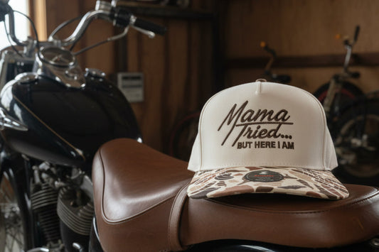 Mama Tried duck camo 5 panel hat.