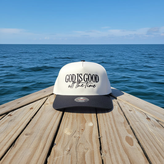 God is good all the time! 2 tone 5 panel Snapback cap.