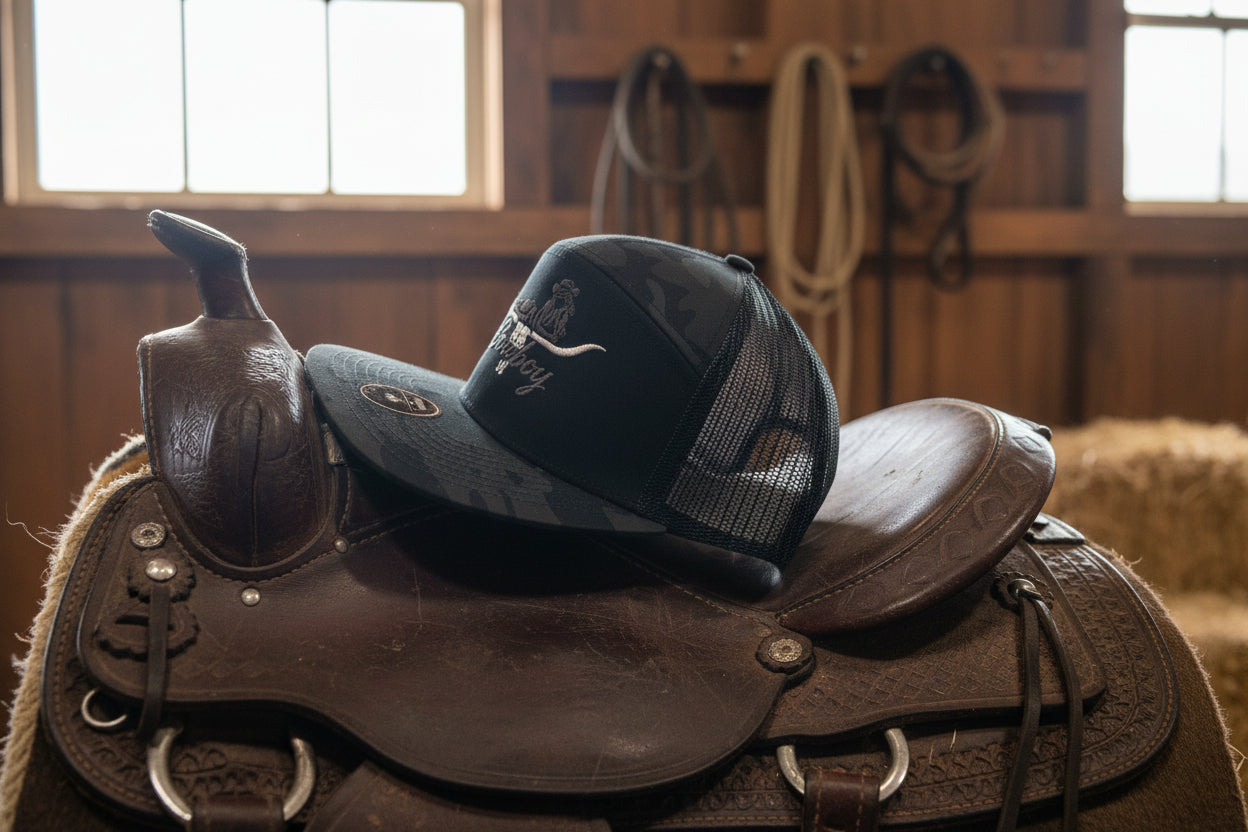 Cowboy embroidered design on a 7 panel flat bill cap.