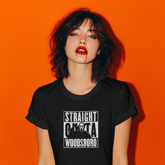 STRAIGHT OUTTA WOODSBORO GHOST FACE T-SHIRT.