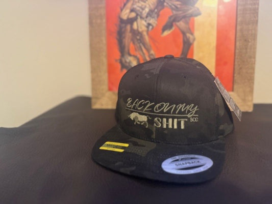 YUPOONG BLACK CAMO BACK ON MY BS EMBROIDERED CAP.