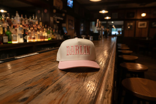 Pink 2 tone 5 panel hat. Darlin
