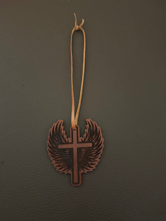 Genuine leather laser engraved car ornament.