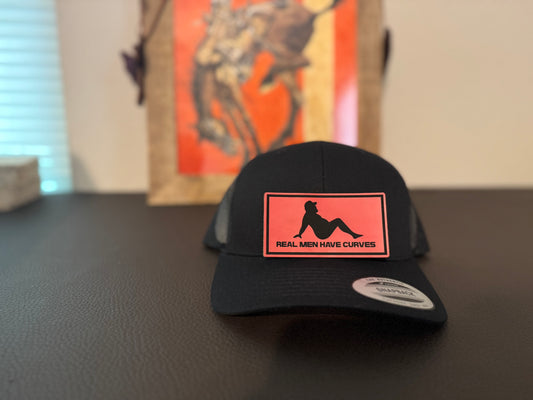 Real men have curves patch red with hat.