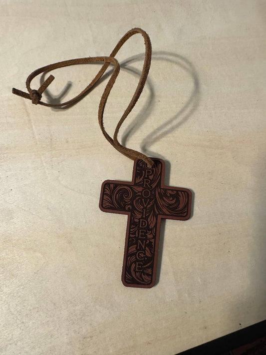 Leather cross rearview mirror charm.  tooled Providence design.
