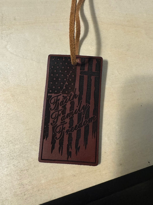 Brown leather Faith, Family, Freedom ornament/rearview mirror charm.