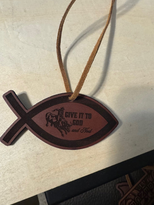 Give it to God and nod cowboy on bull rearview mirror charm