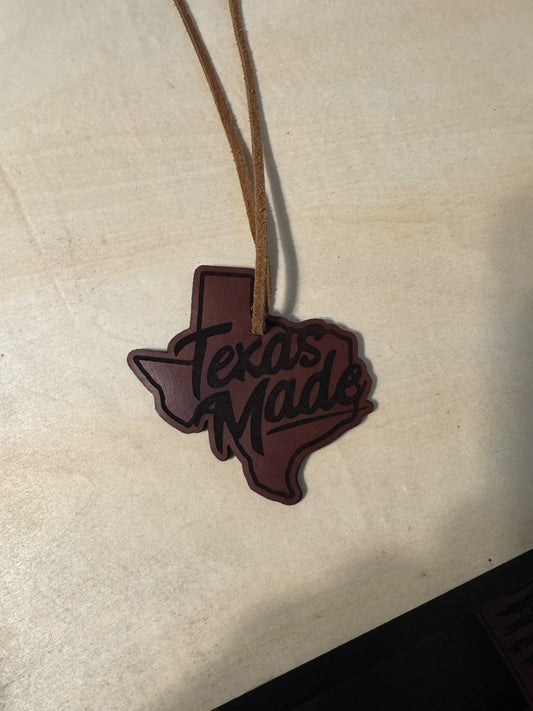 Texas made leather rearview mirror charm.